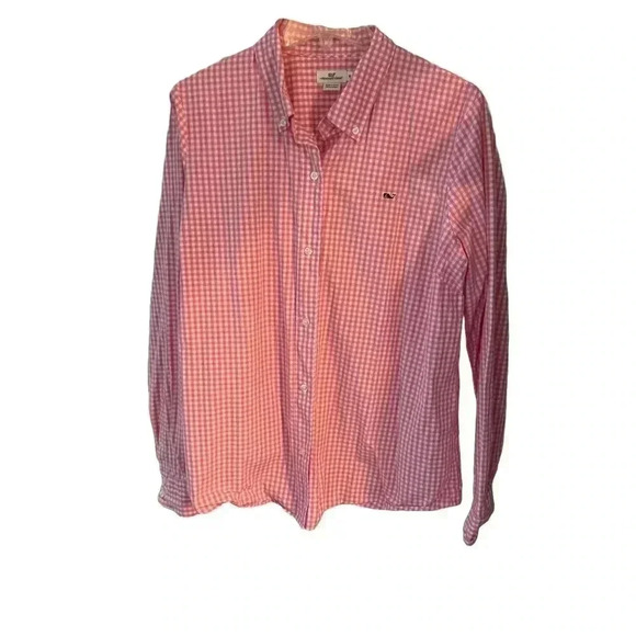 Vineyard vines women’s pink & white check button up shirt size 16. - Picture 1 of 8